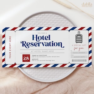 May include: A white hotel reservation ticket with red and blue striped borders. The ticket includes the text "Hotel Reservation", "A Special Gift for You", and the date "September 28". The ticket is a gift for Olivia Johnson from Jackson Smith.