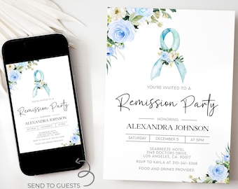 Cancer Remission Invite Template, Editable Breast Cancer Remission Party Invitation, Blue Cancer Ribbon, Instant Download Printable, CA009