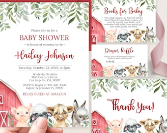 Farm Baby Shower Invitation Set, Editable Barn Animals Baby Shower Invite Bundle, Ranch Boy Baby Shower Template, Red Barnyard Animals BS247