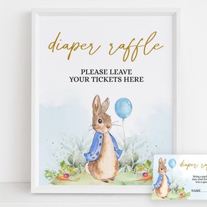 EDITIERBARE Peter Rabbit Baby Shower Windel Verlosung Zeichen und Karte, rustikale Hase Aquarell Banner, blauer Frühlingsbrunch, Instant Download BS133