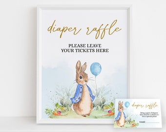 EDITABLE Peter Rabbit Baby Shower Diaper Raffle Sign and Card, Rustic Bunny Watercolor Banner, Blue Spring Brunch, Instant Download BS133