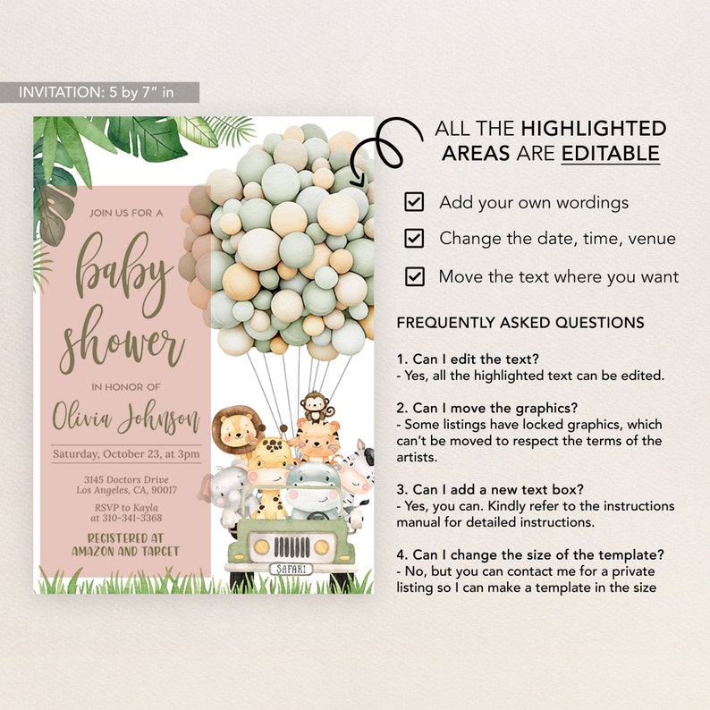 May include: A baby shower invitation, 5 by 7 inches, features a safari theme. The design includes a hot air balloon made of pastel-colored spheres, a jeep with animal characters, and text that reads "baby shower" and event details. The invitation is customizable.