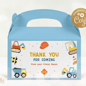Bouw Gable Box Label Template, Bewerkbare Dump Trucks Party Sticker, Jongens Birthday Party Favor, Graafmachine, Instant Download, KP108
