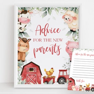 Consejos de baby shower de granja para nuevos padres firman y tarjeta, banner de espolvoreado de animales de granero, decoración de fiesta para niños de Red Ranch, descarga instantánea BS113