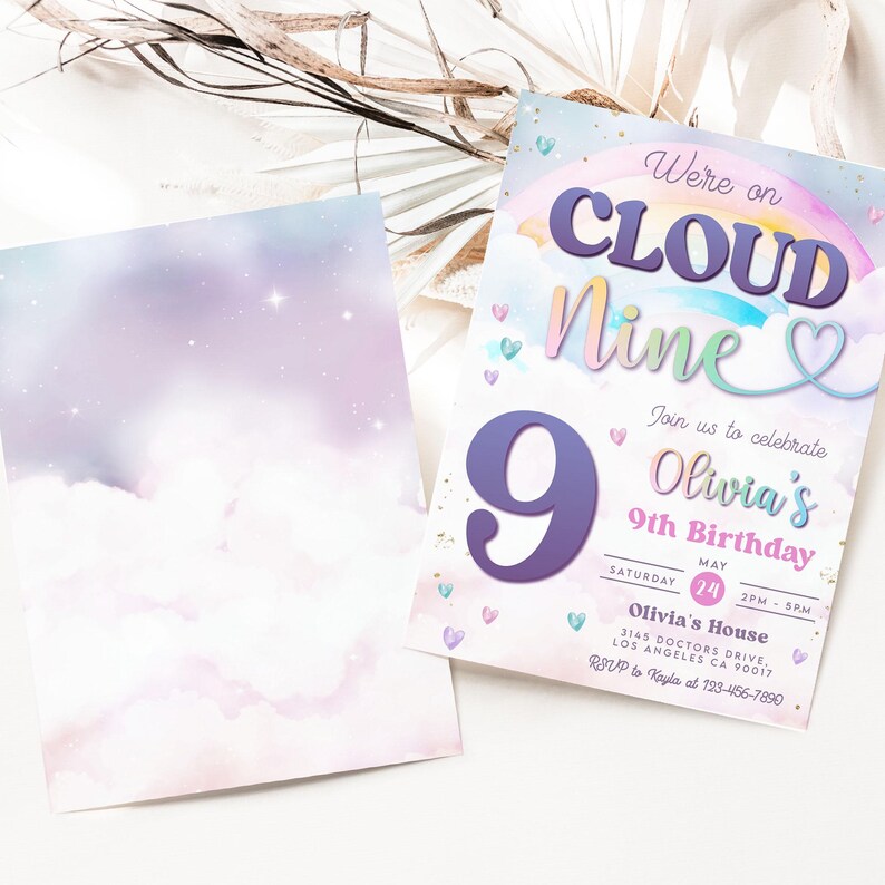 Cloud 9 Birthday Invitation, EDITABLE Pastel Rainbow Party Template ...