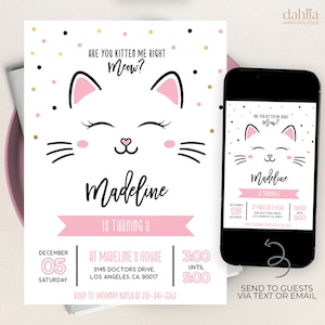 Faire-part d'anniversaire chaton, modèle d'invitation de fête Purrfect MODIFIABLE, êtes-vous chaton, miaule-t-il, petite fille rose, téléchargement immédiat KP085
