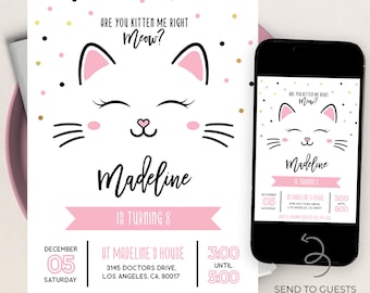 Inbjudan till födelsedag för kattunge, REDIGERINGSBAR Purrfect-festinbjudningsmall, Har du rätt kattunge, mjau, babyrosa flicka, direktnedladdning KP085