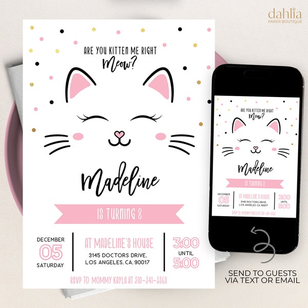 Kitty Cat verjaardagsuitnodiging, BEWERKBARE Purrfect Party uitnodiging sjabloon, bent u Kitten Me Right Miauw, Baby roze meisje, Instant Download KP085