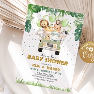 Pu&ograve; includere: Un invito a una baby shower verde e dorato con tema giungla. L'invito presenta una jeep dei cartoni animati con animali come un leone, una scimmia, una giraffa, una zebra e un elefante. Il testo sull'invito recita "Unisciti a noi per una Baby Shower in onore di Kim & Harry, sabato 5 dicembre alle 17:00, 3145 Doctors Drive, Los Angeles, CA 90017, RSVP a Kayla al 310-341-3368, Registrato su Amazon".