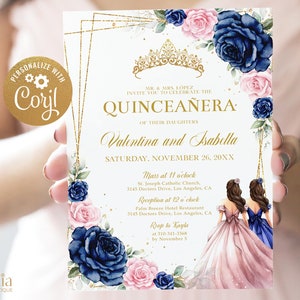 EDITIERBARE gemeinsame Quinceañera Einladung, Königsblau und Blumen Rosa 15. Geburtstag, Mis Quince Anos, Zwillingsschwestern einladen, Instant Download Q056