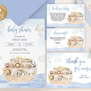 Noah&#39;s Ark Baby Shower Invitation Set, Editable Boho Animals Baby Sprinkle Pack, Bible Story, Noah&#39;s Ark Blue Invite, Instant Download BS143