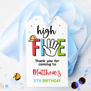 Etiqueta de presente de aniversário High Five EDITÁVEL Obrigado por ter vindo, lembrancinha de festa Hi 5 para impressão, etiqueta de aniversário de 5 anos do Blue Boy, download instantâneo KP131