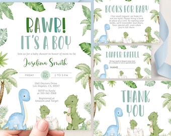 Dinosaur Baby Shower Invitation Set, Editable Greenery Dino Baby Shower Invite Bundle, Boy Boho Dinosaur Baby Shower Template Pack, BS227