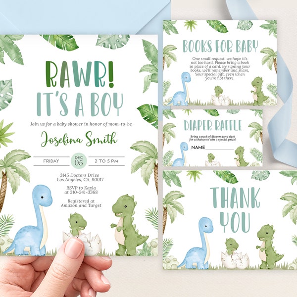 Dinosaur Baby Shower Invitation Set, Editable Greenery Dino Baby Shower Invite Bundle, Boy Boho Dinosaur Baby Shower Template Pack, BS227