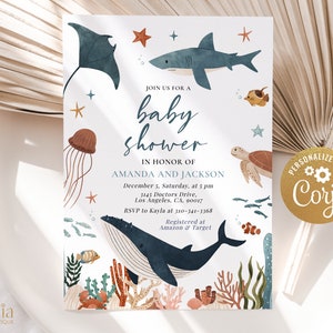 Unterwasser Baby Shower Einladung, bearbeitbare Walhai Party einladen, nautische Baby Sprinkle Vorlage, Sea Life, Instant Download BS184