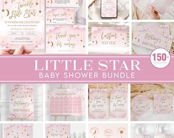 May include: A pink and gold baby shower invitation bundle with over 150 templates. The design features a pink watercolor background with gold stars and a crescent moon. The text "Twinkle Twinkle Little Star" is featured on the invitation.