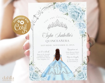 May include: A Quinceañera invitation with a blue and silver floral design. The invitation features a crown, a silhouette of a young woman in a blue dress, and the text "Sofia Isabella's Quinceañera" and "Saturday, November 26, 20XX".