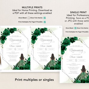 Puede incluir: Una invitaci&oacute;n imprimible para una Quincea&ntilde;era, con un dise&ntilde;o floral verde y un marco geom&eacute;trico plateado. La invitaci&oacute;n incluye el texto "Quincea&ntilde;era" y el nombre "Maria Isabella".