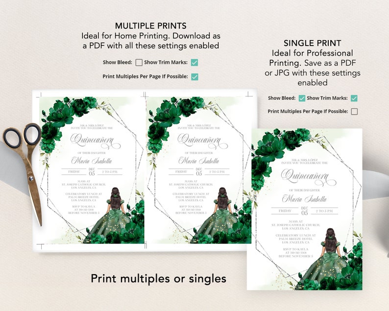 Puede incluir: Una invitaci&oacute;n imprimible para una Quincea&ntilde;era, con un dise&ntilde;o floral verde y un marco geom&eacute;trico plateado. La invitaci&oacute;n incluye el texto "Quincea&ntilde;era" y el nombre "Maria Isabella".