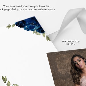 May include: A white invitation card with a blue floral design in the corner. The card is 5 by 7 inches. The text "INVITATION SIZE: 5 by 7" in" is printed on the card.