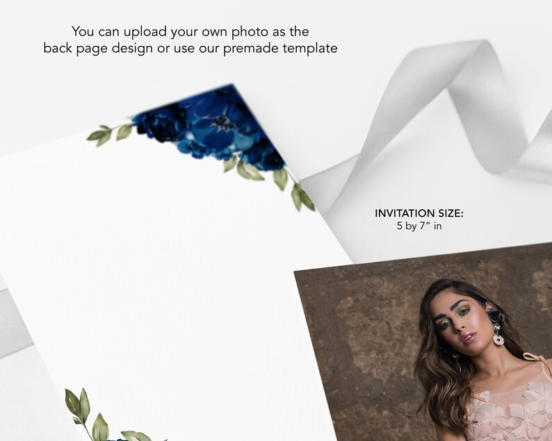 May include: A white invitation card with a blue floral design in the corner. The card is 5 by 7 inches. The text "INVITATION SIZE: 5 by 7" in" is printed on the card.