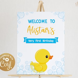 Sinal de boas-vindas de aniversário de patinho de borracha, decoração de festa de pato EDITÁVEL, banner azul de primeiro aniversário, pôster de hora do banho de espuma, download instantâneo KP094