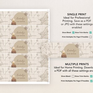 May include: Five printable labels for water bottles featuring a vintage world map background with a compass and a globe. The labels say "Kimberly's Baby Shower".