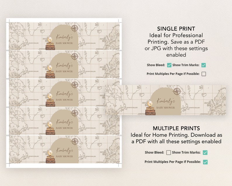 May include: Five printable labels for water bottles featuring a vintage world map background with a compass and a globe. The labels say "Kimberly's Baby Shower".
