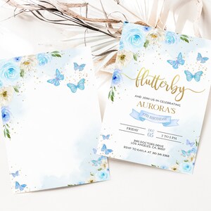 May include: A blue and white invitation with gold lettering for a 5th birthday party. The invitation features butterflies and flowers and the text "flutterby" and "Aurora's 5th Birthday".