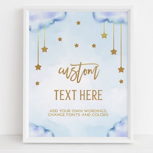 Twinkle Twinkle Little Star Custom Text Sign, EDITABLE Moon and Stars Birthday or Baby Shower, Blue & Gold Party Decor, Instant Download