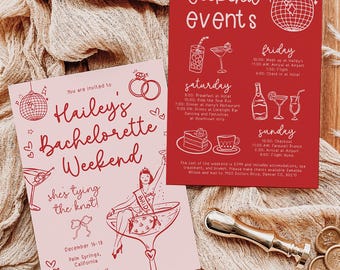 Plantilla de invitación para despedida de soltera dibujada a mano, itinerario editable para fin de semana de despedida de soltera en rosa y rojo, invitación original y divertida para despedida de soltera BC012