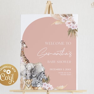 EDITABLE Boho Safari Baby Shower Welcome Sign, Jungle Animal Baby Sprinkle Party, Customizable Blush Pink Banner, Instant Download BS118