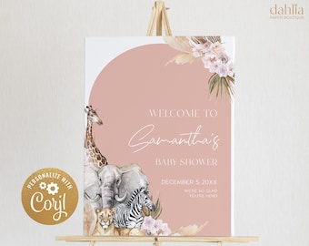 May include: A pink and white baby shower welcome sign with a giraffe, elephant, zebra, and lion. The sign says "Welcome to Samantha's Baby Shower" and "December 5, 20XX. Were so glad you're here!"
