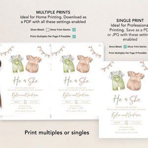 Boho Gender Reveal Invitation, Baby Clothes Gender Reveal Party Invite Template, On lub Ona, Chłopiec lub Dziewczynka, Minimalistyczny Unisex Baby Brunch GR016 zdjęcie 4