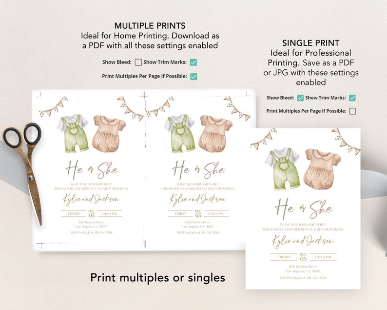 Boho Gender Reveal Invitation, Baby Clothes Gender Reveal Party Invite Template, On lub Ona, Chłopiec lub Dziewczynka, Minimalistyczny Unisex Baby Brunch GR016 zdjęcie 4