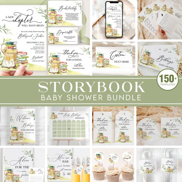 Storybook Baby Shower Bundle, New Chapter Baby Shower Invitation Set, Book Themed Baby Shower, Gender Neutral Unisex Baby Shower BS158 Corjl