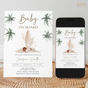 Gender Neutral Baby on Board Baby Shower Invitation, Editable Surf Board Baby Shower Invite Template, Boho Surfing Summer Baby Shower, BS245