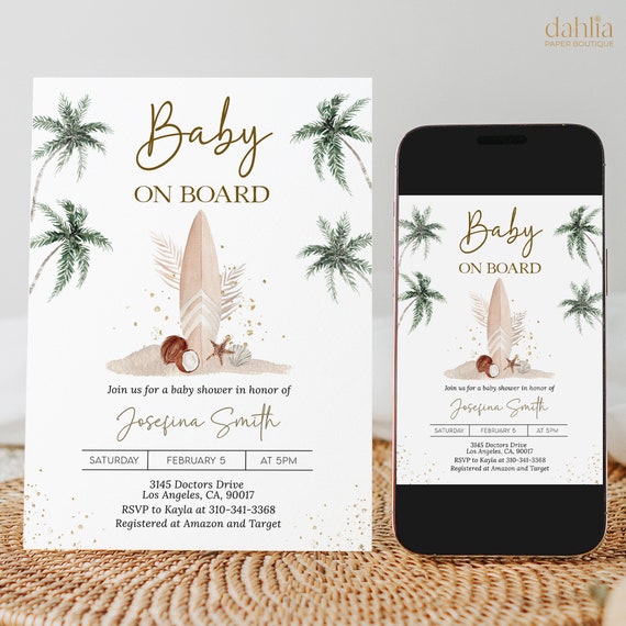 Gender Neutral Baby on Board Baby Shower Invitation, Editable Surf Board Baby Shower Invite Template, Boho Surfing Summer Baby Shower, BS245
