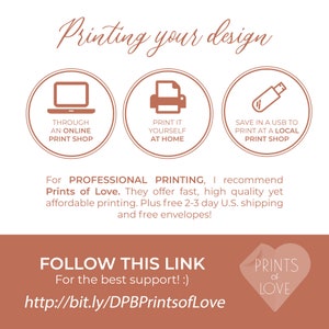 Puede incluir: Gr&aacute;fico con el texto "Printing your design" y tres iconos circulares: un port&aacute;til, una impresora y una unidad USB. El texto recomienda Prints of Love para la impresi&oacute;n profesional y proporciona un enlace.