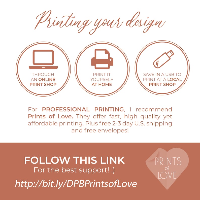 Puede incluir: Gr&aacute;fico con el texto "Printing your design" y tres iconos circulares: un port&aacute;til, una impresora y una unidad USB. El texto recomienda Prints of Love para la impresi&oacute;n profesional y proporciona un enlace.