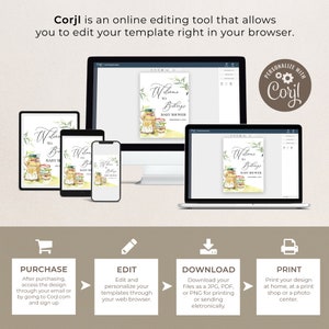 May include: A digital mockup of a printable baby shower invitation featuring a watercolor illustration of a stack of books with a teddy bear sitting on top. The text on the invitation reads "Welcome to Baby's Baby Shower".