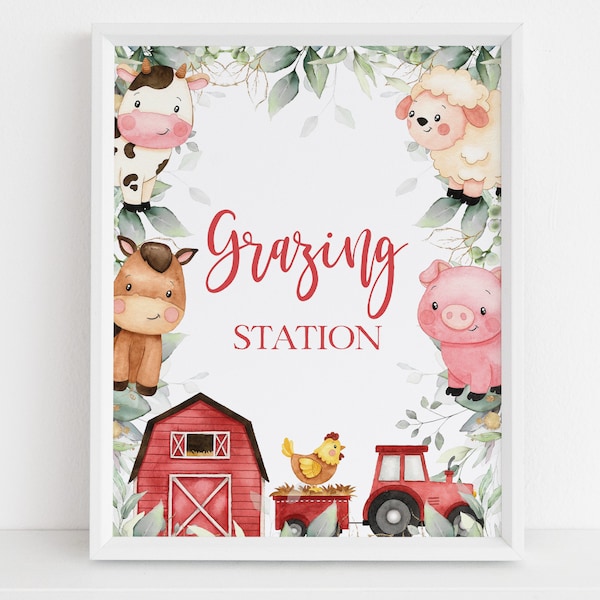 Farm Grazing Station Sign, EDITABLE Barn Animal Kid's Birthday, Ranch Baby Shower Decor, Red Barnyard Animals, Unisex Party Template, KP082