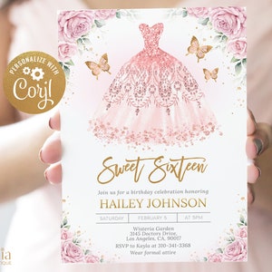 Blush rosa und Gold Kleid Sweet Sixteen Einladung, EDITIERBARE Schmetterling 16.Geburtstag, Mis Quince Anos, Mädchen Sweet 16, Instant Download, Q075