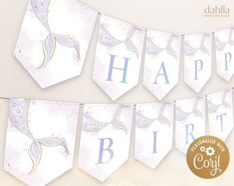 Banner EDITABLE de feliz cumpleaños de sirena, estandarte de cumpleaños bajo el mar, decoración de fiesta de sirena boho púrpura, descarga instantánea, Corjl, KP184
