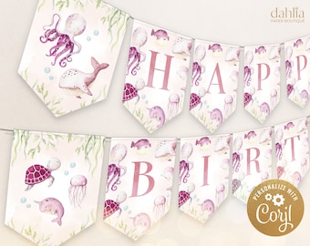Under The Sea Happy Birthday Banner, EDITABLE Ocean Animals Banner, Nautical 1st Birthday Party Decor, Pink, Instant Download, Corjl, KP095