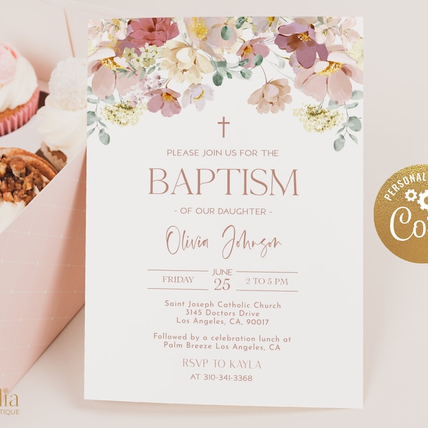 EDITABLE Floral Baptism Invitation, Printable Spring Wildflower Template, Blush Pink Christening Digital Invite, Instant Download BP001