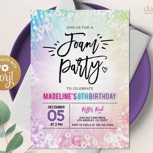 Foam Party Birthday Invitation, EDITABLE Bubbles Party Invite, Printable Foam Dance Template, Unisex Summer Invite, Instant Download, KP203