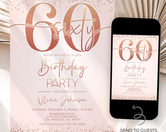 Rose Gold Birthday Invitation, Editable 60th Pink Confetti Birthday Invite, Adult Birthday Invite Any Age, Printable Digital Download, AP012