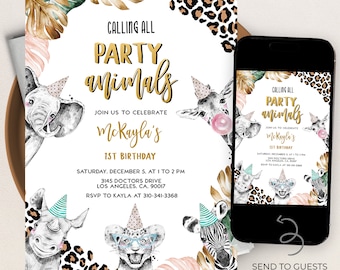 Party Animals Birthday Invitation, EDITABLE Leopard Party Invite Template, Safari Animal Print, Cheetah Zoo Birthday, Instant Download KP123