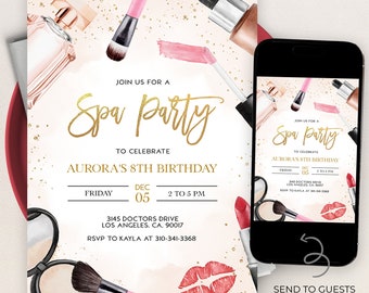 May include: A pink and gold spa party invitation with a watercolor design of makeup brushes, lipstick, and perfume bottles. The text reads "Join us for a Spa Party to celebrate Aurora's 8th Birthday. Friday, Dec 05, 2 to 5 PM. 3145 Doctors Drive, Los Angeles, CA, 90017. RSVP to Kayla at 310-341-3368."